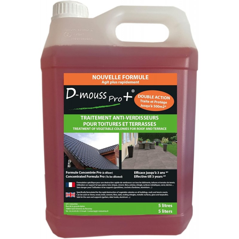 ANTI MOUSSE/ DEMOUSSANT PRO CONCENTRE 5L TOITURE, TERRASSE, FACADES TRAITE JUSQU'A 500M²